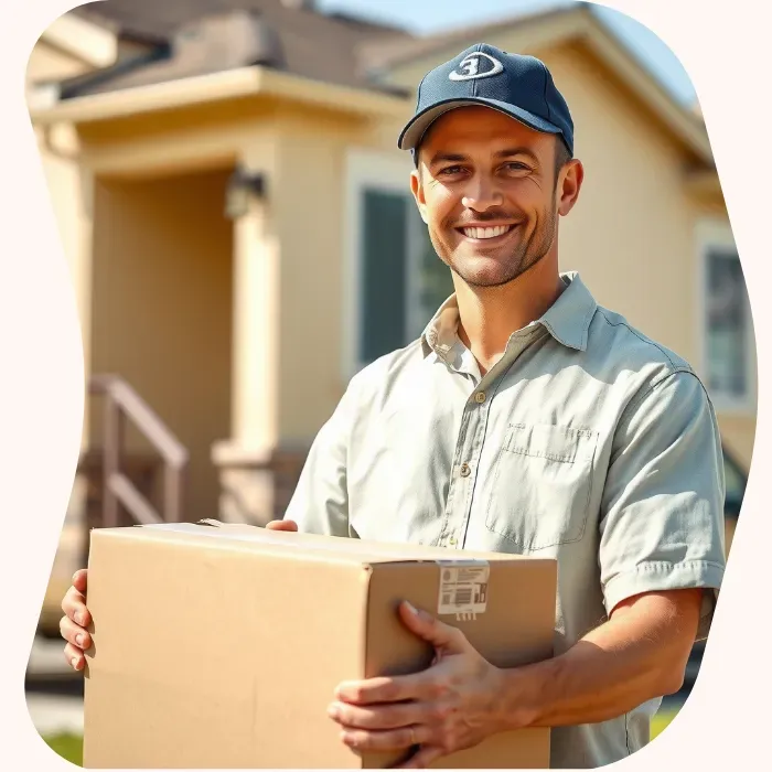 Two removalists moving boxes up stairs