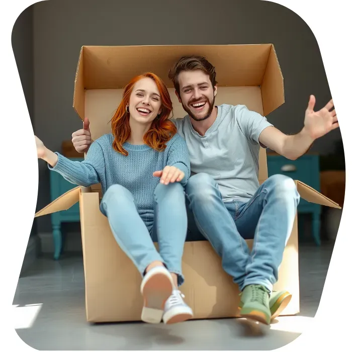 Two guys sitting on the floor of their apartment with Muval moving boxes